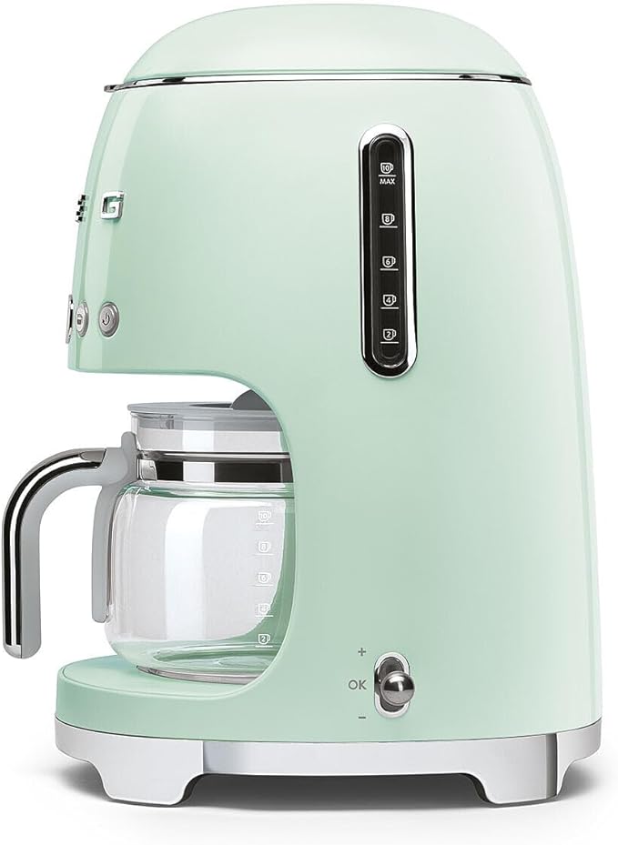 Smeg 50's Retro Style Aesthetic Drip Coffee Machine with 10 Cup Glass Carafe, Auto Start Feature, Keep Warm Plate, and Two Coffee Strength Settings (Pastel Green)
