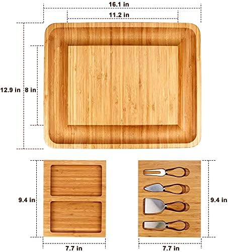 Bamboo Cheese Board with Cheese Tools, Cheese Plate Charcuterie Board Platter Set Serving Tray for Wine Cracker Brie and Meat, Large Thick Wooden Server, Fancy House Warming Gift for Gourmets