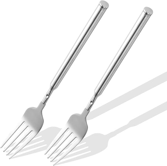 【2 PCS】Extendable Fork for Jokes, Expandable Forks, Extended/Extending/Extend Extension from 8.7" to 25.4" Long, Stainless Steel Telescopic/Telescoping/Retractable Fork. Silver