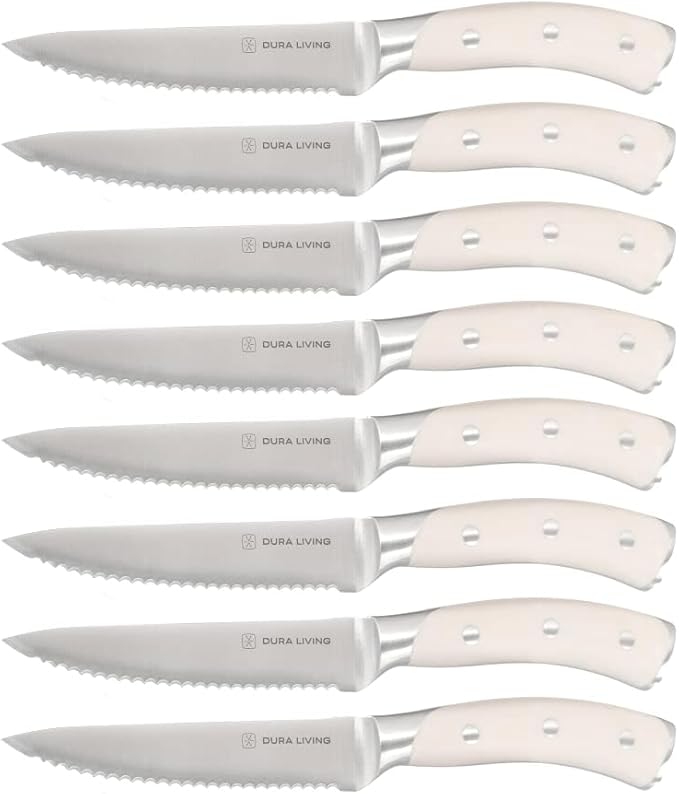 DURA LIVING 8-Piece Serrated Kitchen Steak Knife Set – Forged High Carbon Stainless Steel, Ultra Sharp, Ergonomic Black Handles, Durable Dinner Knives, Cream Handle