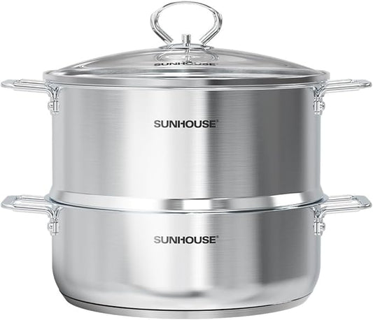 SUNHOUSE 2-Tier Stainless Steel Steamer Pot with Lid - Larger 5.5 QT Steamer & 3.8 QT Stockpot Base - Induction Ready, Compatible with All Cooktops - Multipurpose for Vegetables & Dumplings
