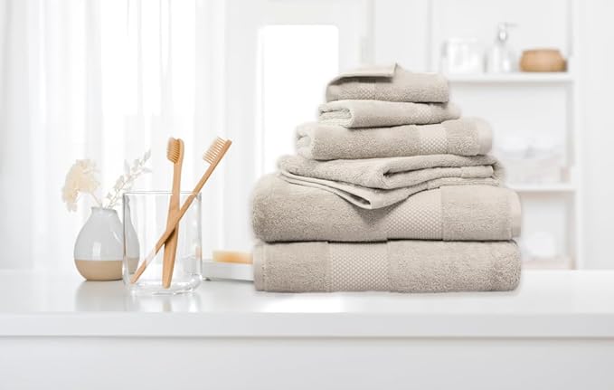 Farm to Home 100% Organic Christmas Bath Towel Set of 6 – GOTS & Oeko-TEX Certified Organic Cotton, Soft, Ultra Absorbent, Quick Dry - Includes 2 Bath Towels, 2 Hand Towels, 2 Washcloths - Sand