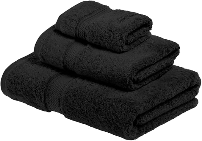 Superior Egyptian Cotton Pile 3 Piece Towel Set, Includes 1 Bath, 1 Hand, 1 Face Towel/Washcloth, Ultra Soft Luxury Towels, Thick Plush Essentials, Guest Bath, Spa, Hotel Bathroom, Black