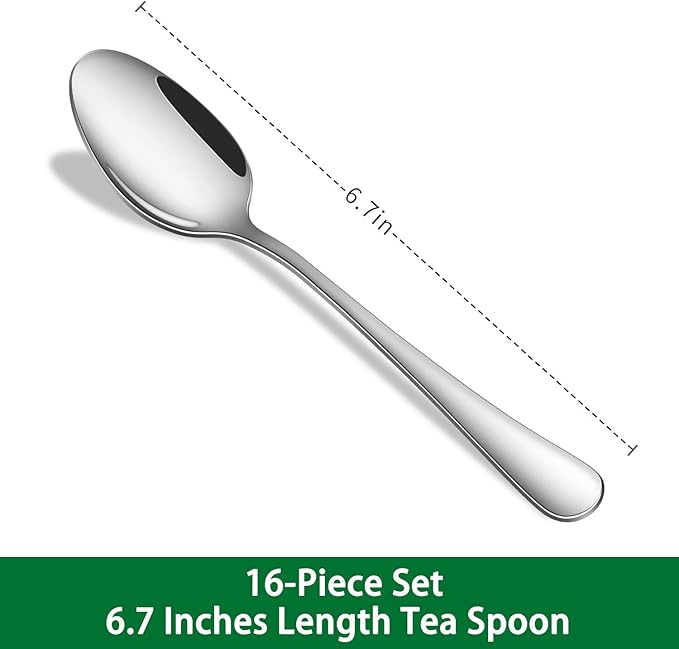16-Pieces Teaspoons Sets,6.7 Inch Stainless Steel Small Tea Spoon Set,Dessert Spoons For Kitchen,Dishwasher Safe Metal Silverware Spoons For Hotel Restaurant