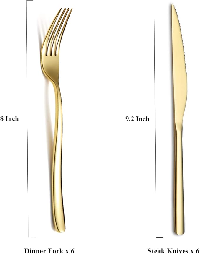 Gold Steak Knives Set 12 Piece, Premium Stainless Steel 6 Dinner Forks and 6 Dinner Knives Set, Steak Knives Steak Forks for 6 Person, Dishwasher Safe (Shiny Gold)