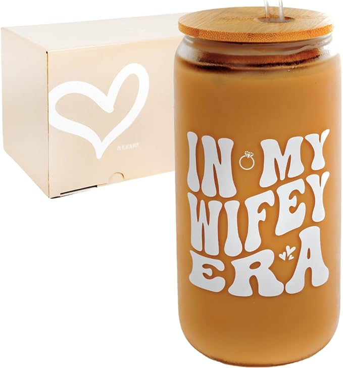 In My Wifey Era Cup 16oz Glass Coffee Cup with Bamboo Lid & Straw | Wifey Bride Cup, Cute Aesthetic Glass Tumbler for Women