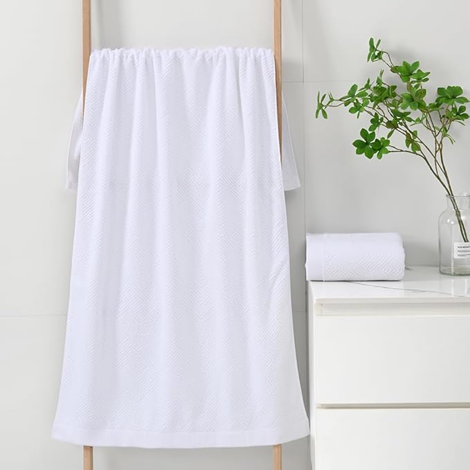 sense gnosis Snow White Bath Towel Set of 2 Striped Weave 100% Cotton Super Soft Highly Absorbent Summer Bath Towels for Bathroom 27x 55 Inch