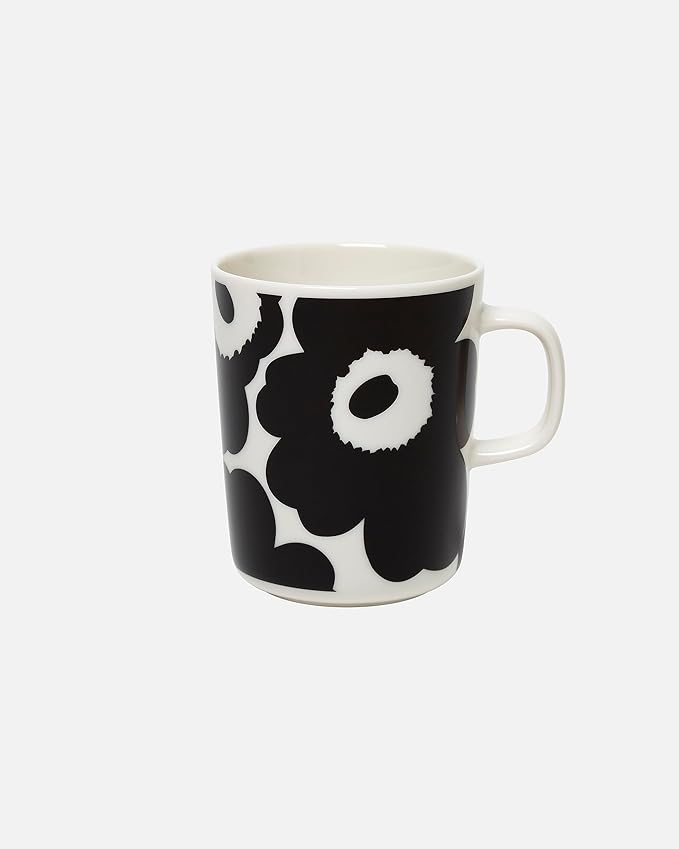 MARIMEKKO Oiva Unikko Kitchen Dish Set (Black) – Floral Stoneware — Plate and Mug set of 2 — 8.8 oz Mugs and 8" Diameter Plates