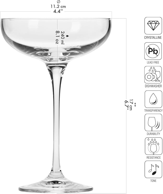 Krosno Champagne Coupes & Glasses | Set of 6 | 8.1 oz | Harmony Collection | Perfect for Home, Restaurants and Parties | Prosecco Glass | Dishwasher Safe | Lead-Free Crystal Glass
