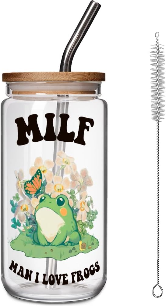 FALJIOK Funny Frog Gifts for Women Mom Wife Pregnant Friend, Girlfriend, Cute Frog Stuff 16 oz Coffee Glass Cups w/Lids Straws for Christmas Birthday