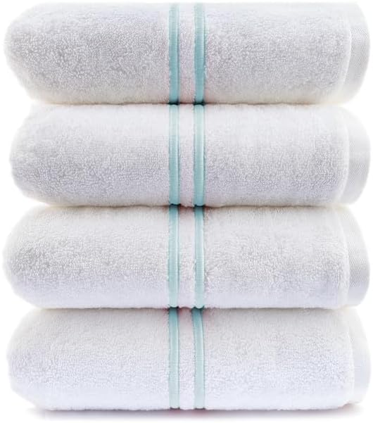 Maisonette Loft Baratta Egyptian Cotton Turkish Bath Towels, Soft & Absorbent, Ideal Quick Dry Large Bathroom Towel Set for Shower (30" x 58", 4 Pack) - White, Turqouise Striped