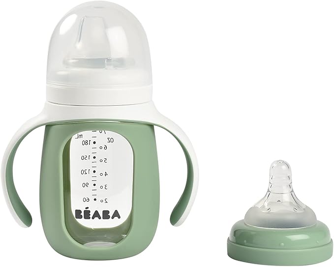 BEABA 2-in-1 Glass Baby Bottle to Glass Transition Sippy Cup, Spill Proof Sippy Cup, Toddler Baby Bottle with Soft Silicone Nipple and Spout, 7 oz (Sage)