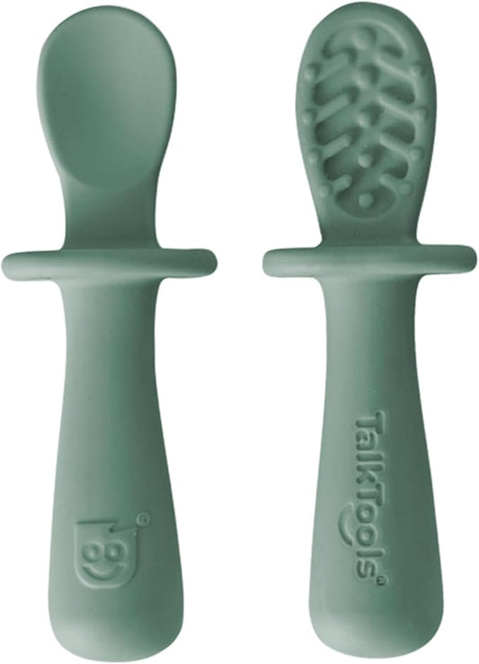 TalkTools ITSY Tiny Silicone Spoons – Twin Pack Soft Silicone Self-Feeding Training Spoons for Kids & Toddlers, Anti-Choking Flange Guard and Non-Slip Handle (Sage)