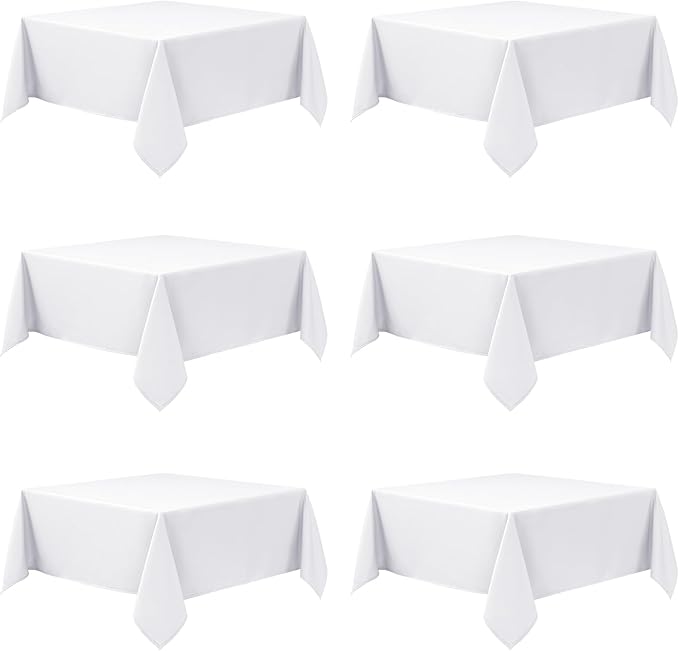 6-Pack White Tablecloths for Square Tables, 70 x 70 Inches, Stain-Resistant Polyester Fabric for 3 Foot Tables - Washable Table Covers for Weddings, Banquets, Birthday Parties, Events