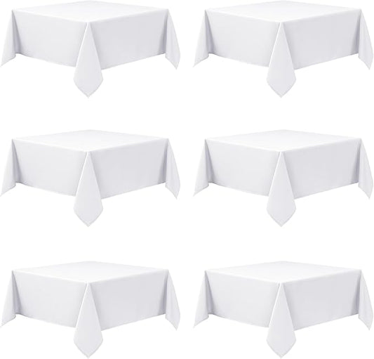 6-Pack White Tablecloths for Square Tables, 54 x 54 Inches, Stain-Resistant Polyester Fabric for 2 Foot Tables - Washable Table Covers for Weddings, Banquets, Birthday Parties, Events