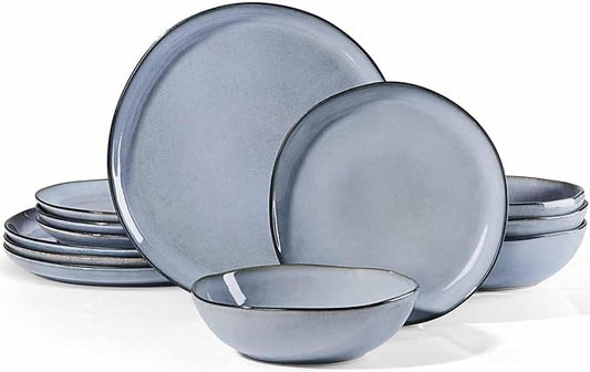 Herogo Plates and Bowls Dinnerware Sets, 12 Piece Stoneware Dinner Dishes Set for 4, Irregular Handmade Dishware Tableware, Crack and Scratch Resistant, Reactive Glaze, Smoky Blue