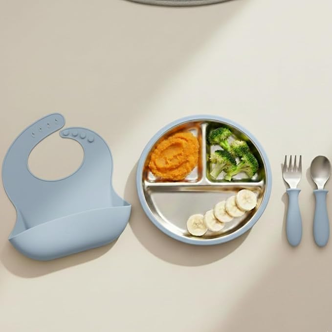 Stainless Steel Toddler Feeding Set 4 Pieces – Suction Plate, Silicone Bib, Spoon & Fork – Divided Plates for Baby Led Weaning, BPA-Free, Removable Shell (Baby Blue)