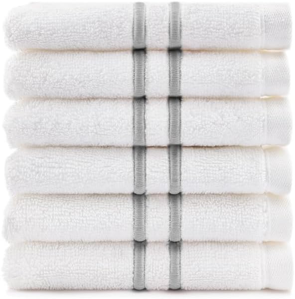 Maisonette Loft Baratta Egyptian Cotton Turkish Hand Towels - Soft, Absorbent Washcloths for Face - Ideal Quick Dry Small Towel Wash Cloth Set for Bathroom - (13" x 13", 6 Pack) - White, Grey Striped
