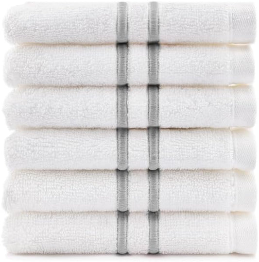 Maisonette Loft Baratta Egyptian Cotton Turkish Hand Towels - Soft, Absorbent Washcloths for Face - Ideal Quick Dry Small Towel Wash Cloth Set for Bathroom - (13" x 13", 6 Pack) - White, Grey Striped