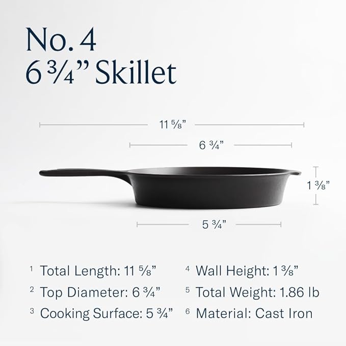 Field Company 6.75-Inch Cast Iron Skillet – Lightweight & Smooth, Made in USA, Pre-seasoned with Organic Oil – Ideal for 1 Serving (No.4 Extra Small)