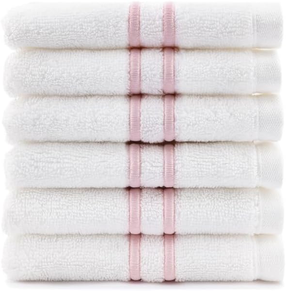Maisonette Loft Baratta Egyptian Cotton Turkish Hand Towels - Soft Absorbent Washcloths for Face - Ideal Quick Dry Small Towel Wash Cloth Set for Bathroom (13" x 13", 6 Pack) White, Dusty Rose Striped