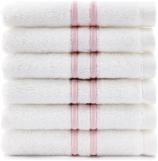 Maisonette Loft Baratta Egyptian Cotton Turkish Hand Towels - Soft Absorbent Washcloths for Face - Ideal Quick Dry Small Towel Wash Cloth Set for Bathroom (13" x 13", 6 Pack) White, Dusty Rose Striped