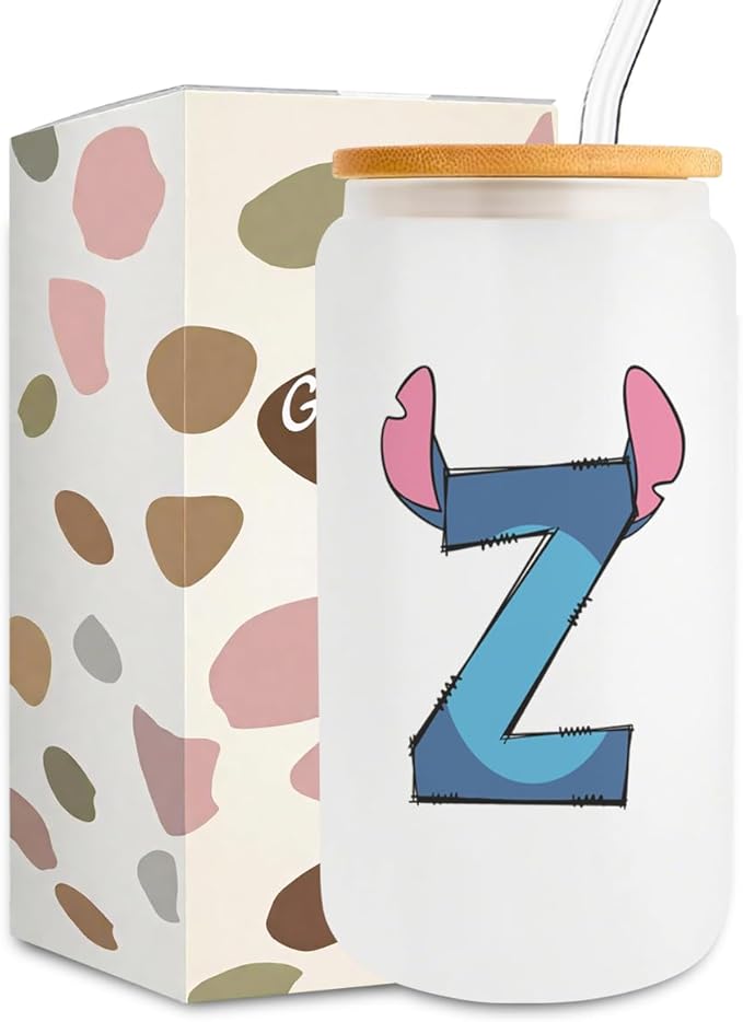 Cute Cartoon Lover Gifts Initial A-Z Personalized Iced Coffee Cup Cartoon Merch 16oz Glass Cup with Lid and Straws Birthday Christmas Gifts for Women Teen Girls Fans (Letter Z)