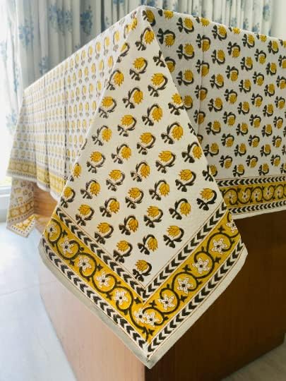 Ridhi Vintage Yellow Hand Block Print Cotton Rectangle Tablecloth 102" x 48" inches Reusable Table Cover Decorative Everyday Use for Dining Room, Farmhouse, Home, Party, Festive & Wedding, Fall