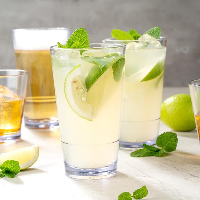 Bev Tek 14 Ounce Plastic Drinking Glasses, 12 Reusable Plastic Cocktail Cups - Shatterproof, Clear Plastic Highball Glasses, Dishwashable, Stackable - Restaurantware