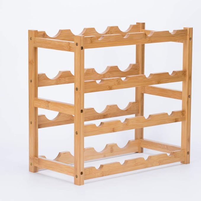 Wine Rack, Natural Bamboo Storage Rack Freestanding Countertop Stackable Display Shelf Wine Bottle Holder (4-Tiers 16-Bottles)