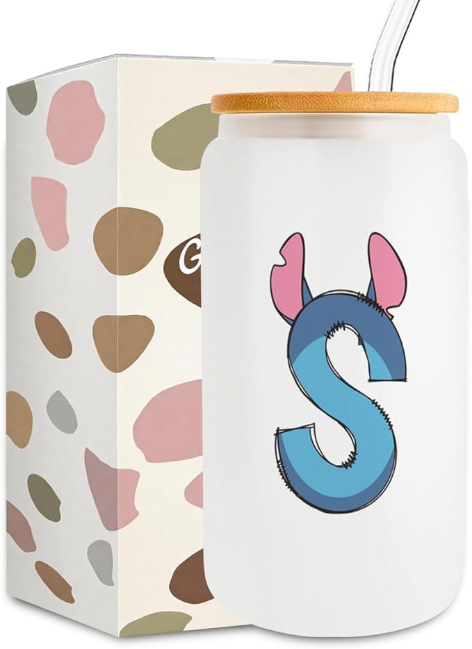 Cute Cartoon Lover Gifts Initial A-Z Personalized Iced Coffee Cup Cartoon Merch 16oz Glass Cup with Lid and Straws Birthday Christmas Gifts for Women Teen Girls Fans (Letter S)