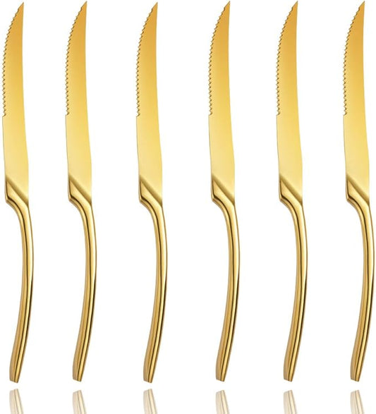 Lemeya Stainless Steel Gold Steak Knives Set of 6,Forge Steak Knife,Serrated Steak Knives Set,6 Piece Heavy Steak Knives-10 inch,Mirror Polished,Dishwasher Safe