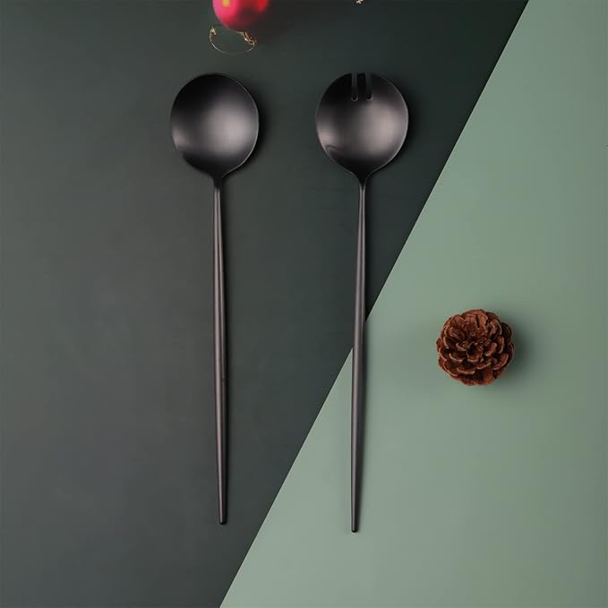 Salad Servers,Spoon and Fork Set 11.41 inch,18/10 Stainless Steel Salad Serving Titanium Plating (Black)