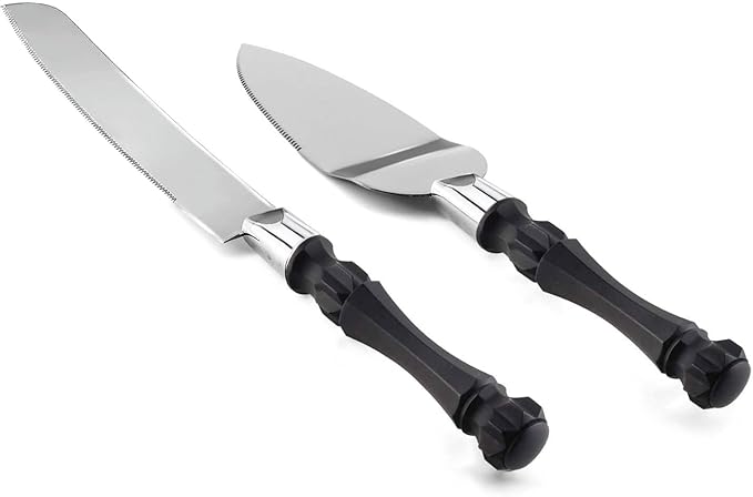 Homi styles Black Cake Knife and Server Set, Cake Cutter and Pie Spatula, Cake Server and Knife Set of 2 with Non-Slip Swirl Grip, Matte Black Cake Cutting Set for Wedding Cake, Birthdays, and Parties