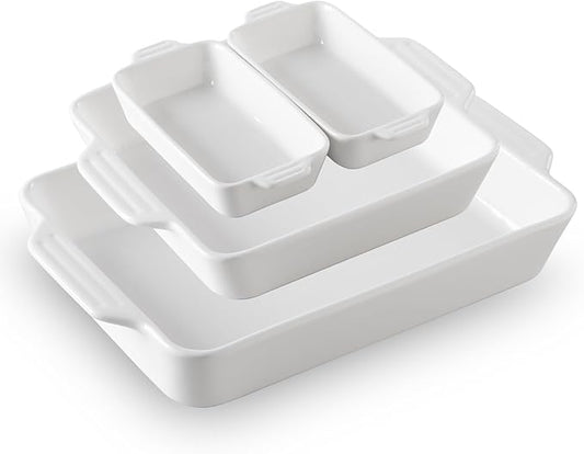 Sweejar Ceramic Bakeware Set of 4, Casserole Dishes for Oven, Rectangular Baking Dish with Handles, Lasagna Pans Deep for Cooking, Gratin, Roasting, Banquet and Daily Use (White)