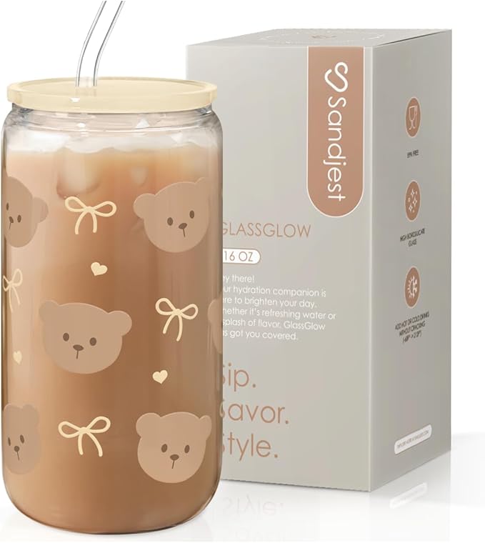 Bear Glass Can, Iced Coffee Aesthetic Cup, Gift for Christmas Birthday, Gifts for Women Girls, 16oz