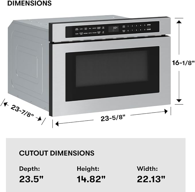 Zephyr 24 inch Built In Drawer Microwave Oven Under Cabinet - Integrated, Wall Mount, Under Counter Pull Out Microwave Drawer 1.2 cu ft, Preset Cooking Options, Easy Clean Coating, 1000W