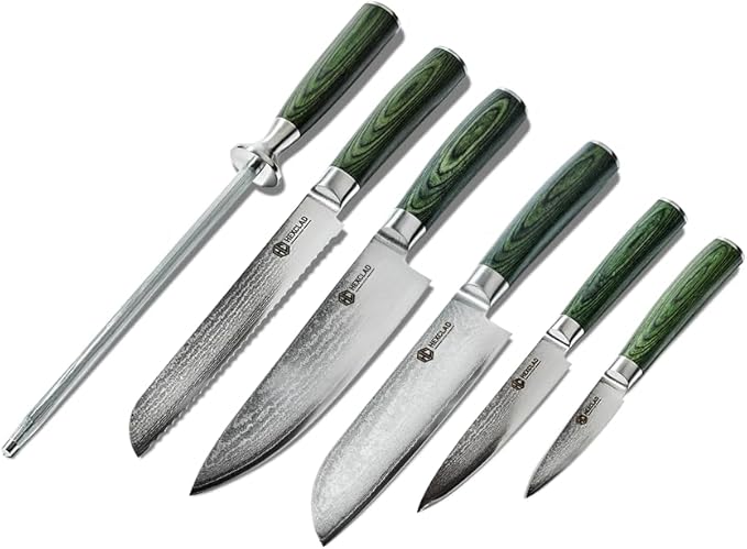HexClad Essential Knife Set, 6-Piece, Japanese Damascus Stainless Steel Blades, Full Tang Construction, Pakkawood Handles