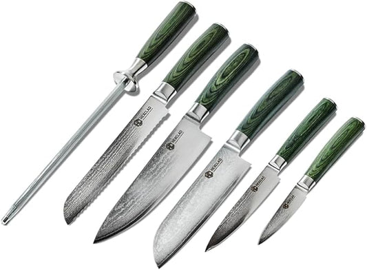 HexClad Essential Knife Set, 6-Piece, Japanese Damascus Stainless Steel Blades, Full Tang Construction, Pakkawood Handles