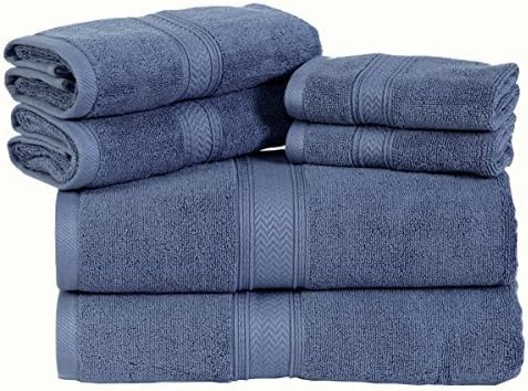 Hillfair Premium 600 GSM 6 Piece Cotton Towel Set - 2 Bath Towels, 2 Hand Towels, 2 Washcloths - Blue - Machine Washable, Hotel Quality, Super Soft & Highly Absorbent