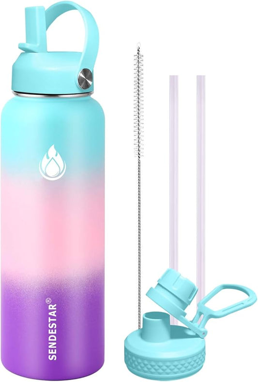 SENDESTAR Water Bottle 40oz Double Wall Vacuum Insulated Leak Proof Stainless Steel Sports Water Bottle—Wide Mouth with New Flex Straw Lid & Spout Lid (Hydrangea)