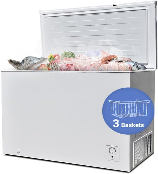 SMETA Chest Freezer, 10 Cubic Feet Deep Freezer with 3 Basket, Garage Ready, Low Noise, Adjustable Thermostat, Energy Saving with 4 Wheels for Kitchen, Office, Meat, House, Commercial, White