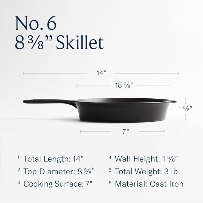 Field Company 8.38-Inch Cast Iron Skillet – Lightweight & Smooth, Made in USA, Pre-seasoned with Organic Oil – Great for 1–2 Servings (No.6 Small)