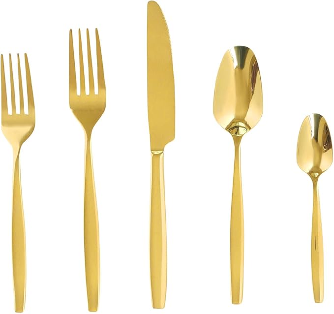 Gold 40-Piece Silverware Set,Stainless Steel Flatware Utensils Cutlery Set for 8,Including Steak Knife Fork and Spoon,Dishwasher Safe,Modern Tableware for Home & Dining