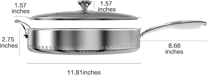 316L Stainless Steel 5QT Frying Pan Hexagon Nonstick Wok with Lid,Single Handle to Hold, PFOA Free, Dishwasher Oven Safe (12inch,5QT/Single Handle)