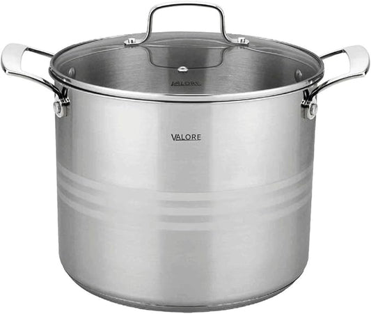 Valore 12 Qt Stainless Steel Stock Pot with Glass Lid – 5-Ply Soup Pot for Cooking & Canning – Heavy-Duty Large Cooking Pot with Brushed Stainless Finish & Riveted Handles