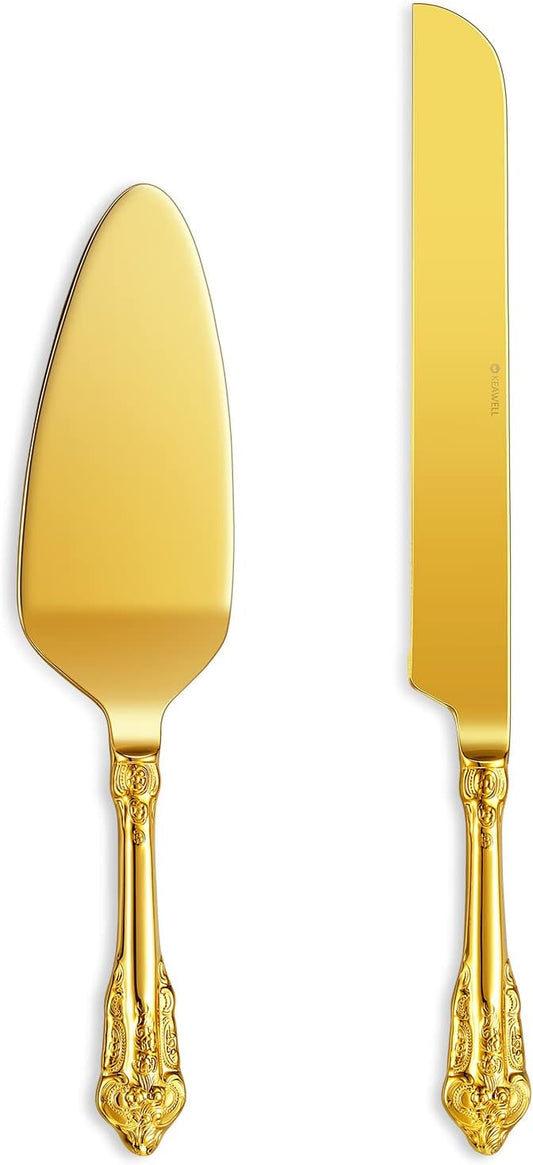KEAWELL Gorgeous Wedding Cake Knife and Server Set, 18/10 Stainless Steel, Fine Luxury Cake Cutting Set (Gold)