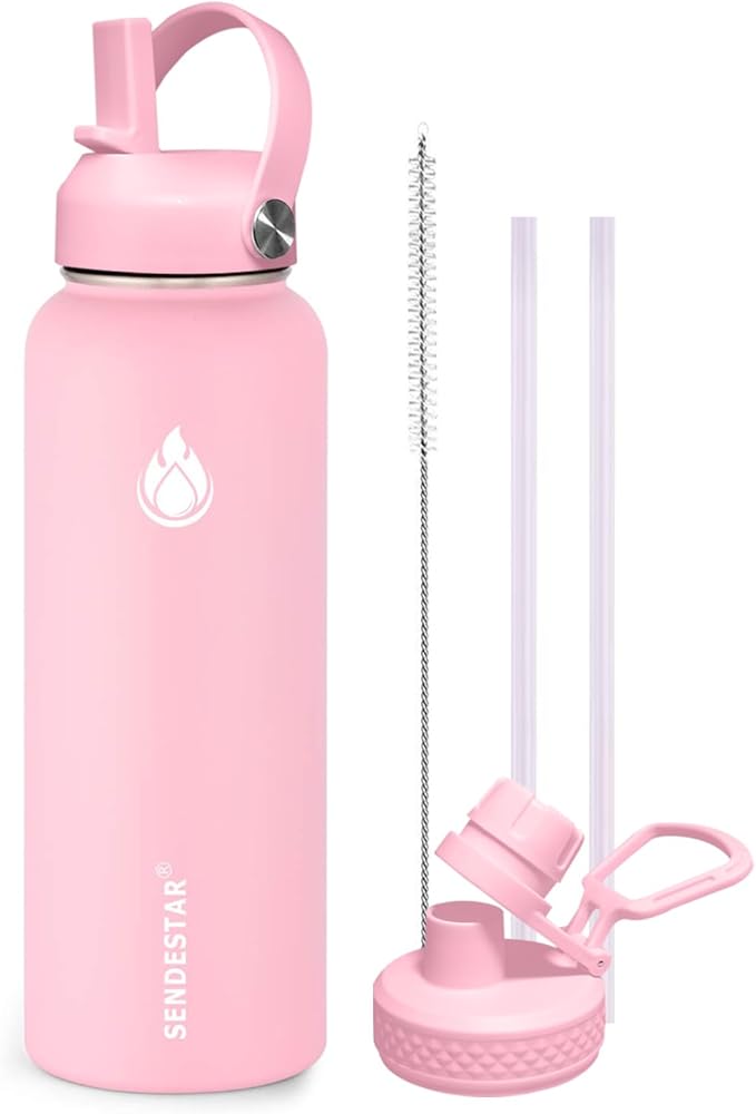 SENDESTAR Stainless Steel Water Bottle, Wide Mouth 40 oz Water Bottle with Straw Lid, Spout Lid, Double Wall Vacuum Insulated Leak Proof, Keeps Liquids Hot or Cold (Peach)