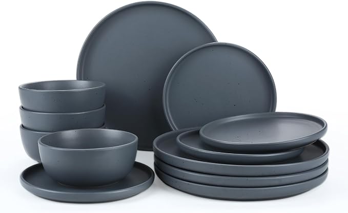 Famiware Dawn Plates and Bowls Sets, 12 Pieces Stoneware Dinnerware Sets, Dishes Set for 4, Microwave and Dishwasher Safe, Speckled Charcoal
