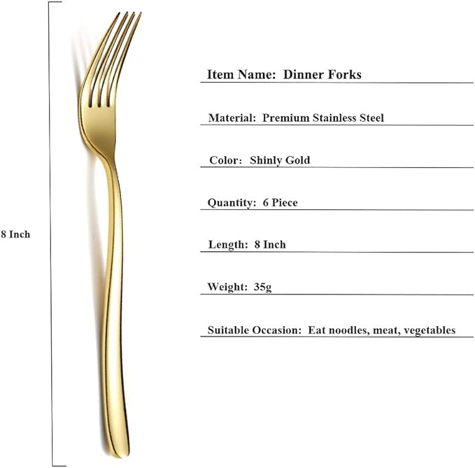 Gold Dinner Forks 6 Piece, Stainless Steel 8'' Forks Silverware Set, Dessert Forks, Table Forks, Salad Forks for Home, Kitchen or Restaurant, Dishwasher Safe